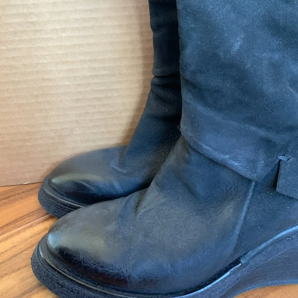 A.S.98 Women's Sabina Wedge Leather Suede Boots Black sz 38 7.5 Side Zip Ankle